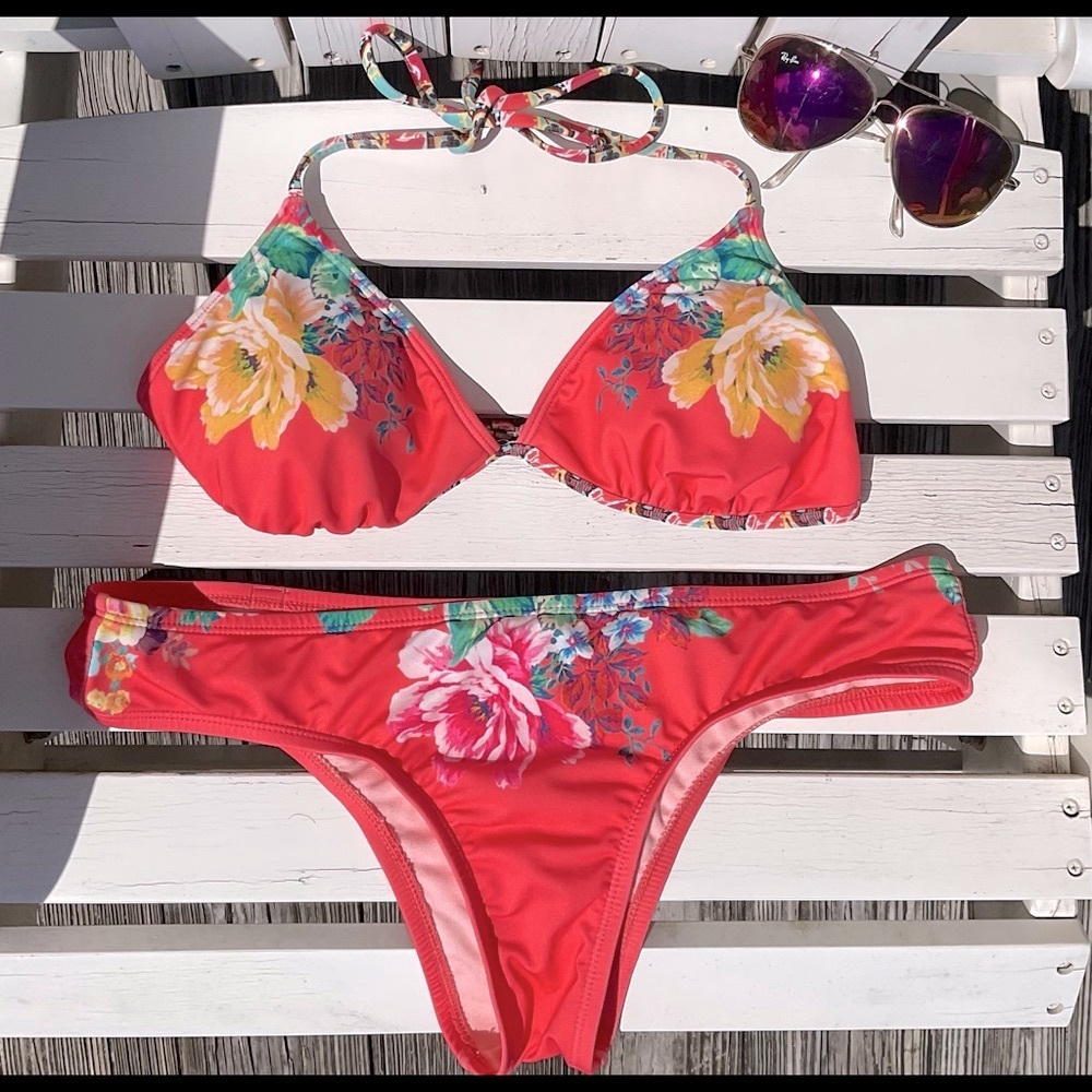 Hobie 2 Pc Triangle Bikini Top Cheeky Bottom Orange Lg
